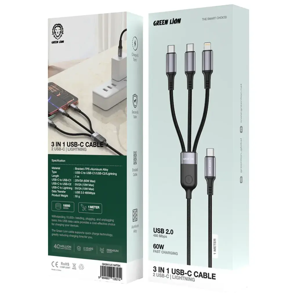 كابل Green Lion 3 في 1 USB-C مزود بمنفذي USB-C ومنفذ Lightning - أسود
